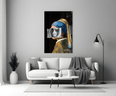 Contemporary Girl with a Pearl Earring glass wall art styled above a sideboard in a powder room