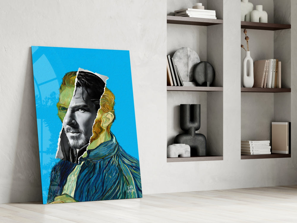 Remixed-muse artwork anchoring a wall with cobalt-and-cyan palette