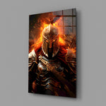 Warrior close-up showing golden helmet and flame-aura