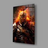 Warrior close-up showing golden helmet and flame-aura