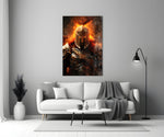 Warrior glass wall art styled above a console in a study
