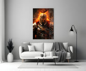 Warrior glass wall art styled above a console in a study
