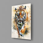 Tiger close-up showing leaping form and watercolor splash