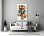 Tiger glass wall art styled above a console in a media room