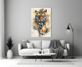 Tiger glass wall art styled above a console in a media room