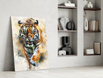 Charging-predator artwork anchoring a wall with tangerine-and-ivory palette