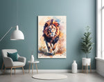 Lion panel adding editorial drama to a hallway