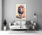 Lion glass wall art styled above a console in a media room