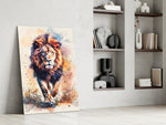 Charging-predator artwork anchoring a wall with scarlet-and-ivory palette