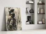 Roman-warrior artwork anchoring a wall with monochrome-and-parchment palette