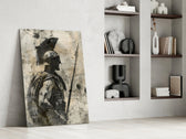 Roman-warrior artwork anchoring a wall with monochrome-and-parchment palette