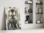 Roman-warrior artwork anchoring a wall with monochrome-and-parchment palette