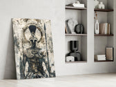 Roman-warrior artwork anchoring a wall with monochrome-and-parchment palette