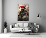 Gladiator glass wall art styled above a console in a media room
