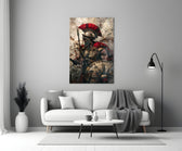 Gladiator glass wall art styled above a console in a media room