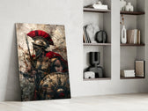 Charging-warrior artwork anchoring a wall with scarlet-and-ivory palette