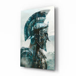 Cinematic-painterly panel bringing warrior glow to a library