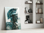 Foggy-warrior artwork anchoring a wall with teal-and-cream palette