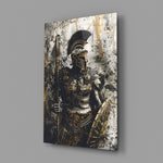 Gladiator close-up showing stoic stance with shield and spear