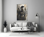 Gladiator glass wall art styled above a console in a man cave