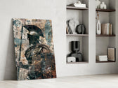 Roman-warrior artwork anchoring a wall with cream-and-rust palette