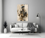 Gladiator glass wall art styled above a console in a man cave