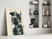 Roman-warrior artwork anchoring a wall with monochrome palette