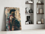 Roman-warrior artwork anchoring a wall with scarlet-and-rust palette