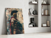Roman-warrior artwork anchoring a wall with scarlet-and-rust palette