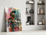 Pop-warrior artwork anchoring a wall with magenta-and-cyan palette