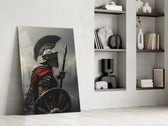 Roman-warrior artwork anchoring a wall with scarlet-and-grey palette