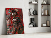 Grunge-warrior artwork anchoring a wall with scarlet-and-teal palette