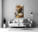 Gladiator glass wall art styled above a console in a library