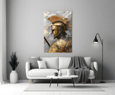 Gladiator glass wall art styled above a console in a library