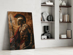 Roman-warrior artwork anchoring a wall with amber-and-scarlet palette