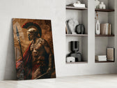 Roman-warrior artwork anchoring a wall with amber-and-scarlet palette