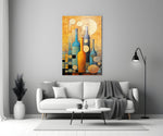 Bottles glass wall art styled above a console in a kitchen nook