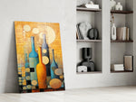 Cubist-still-life artwork anchoring a wall with tangerine-and-cobalt palette