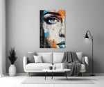 Half Portrait glass wall art styled above a console in a living room