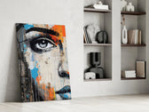 Partial-muse artwork anchoring a wall with cobalt-and-magenta palette