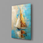 Sailing close-up showing golden sails on calm water
