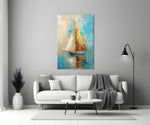 Sailing glass wall art styled above a console in a foyer