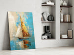 Serene-voyage artwork anchoring a wall with cobalt-and-amber palette
