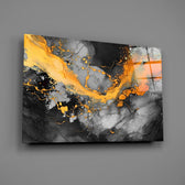 Marble close-up showing tangerine-gold pour on charcoal marble