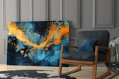 Gold-pour artwork anchoring a wall with cobalt-and-tangerine palette