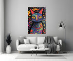 Night Cat glass wall art styled above a sideboard in a teen den