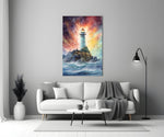 Lighthouse glass wall art styled above a console in a child's room