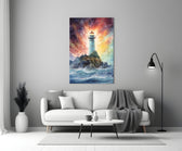 Lighthouse glass wall art styled above a console in a child's room