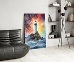 Lighthouse glass print enhancing a foyer with statement firepower