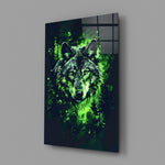 Wolf close-up showing emerald aura and forest leaves